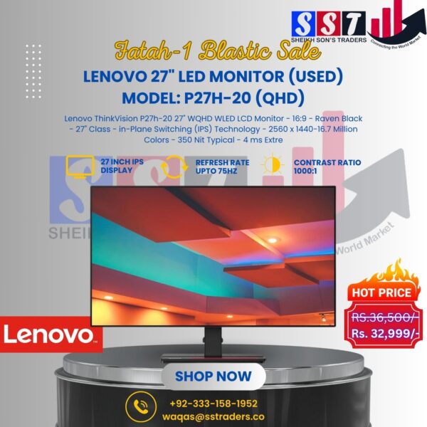 Lenovo 27" LED Monitor (used) Model: P27H-20 (QHD)